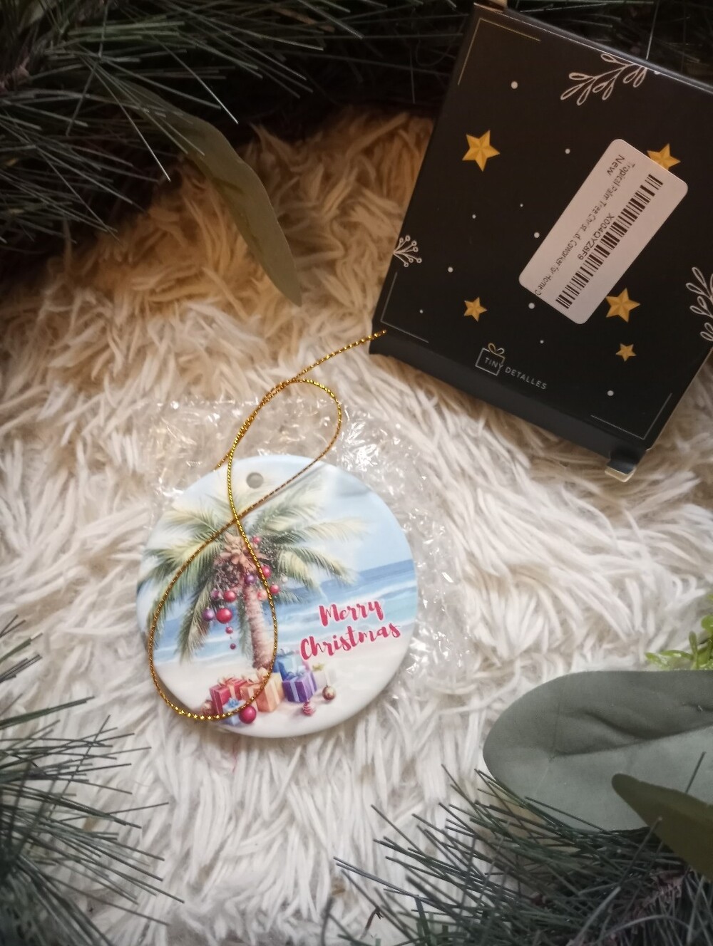 Merry Christmas Tropical Palm Ceramic Ornament - White